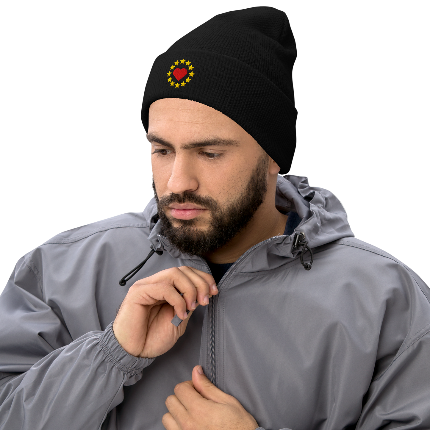 Male Model with Black "Show the Love for EU" Cuffed Beanie