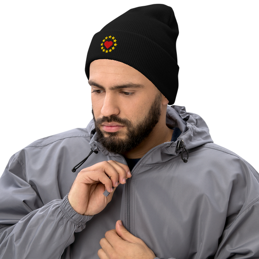 Male Model with Black "Show the Love for EU" Cuffed Beanie