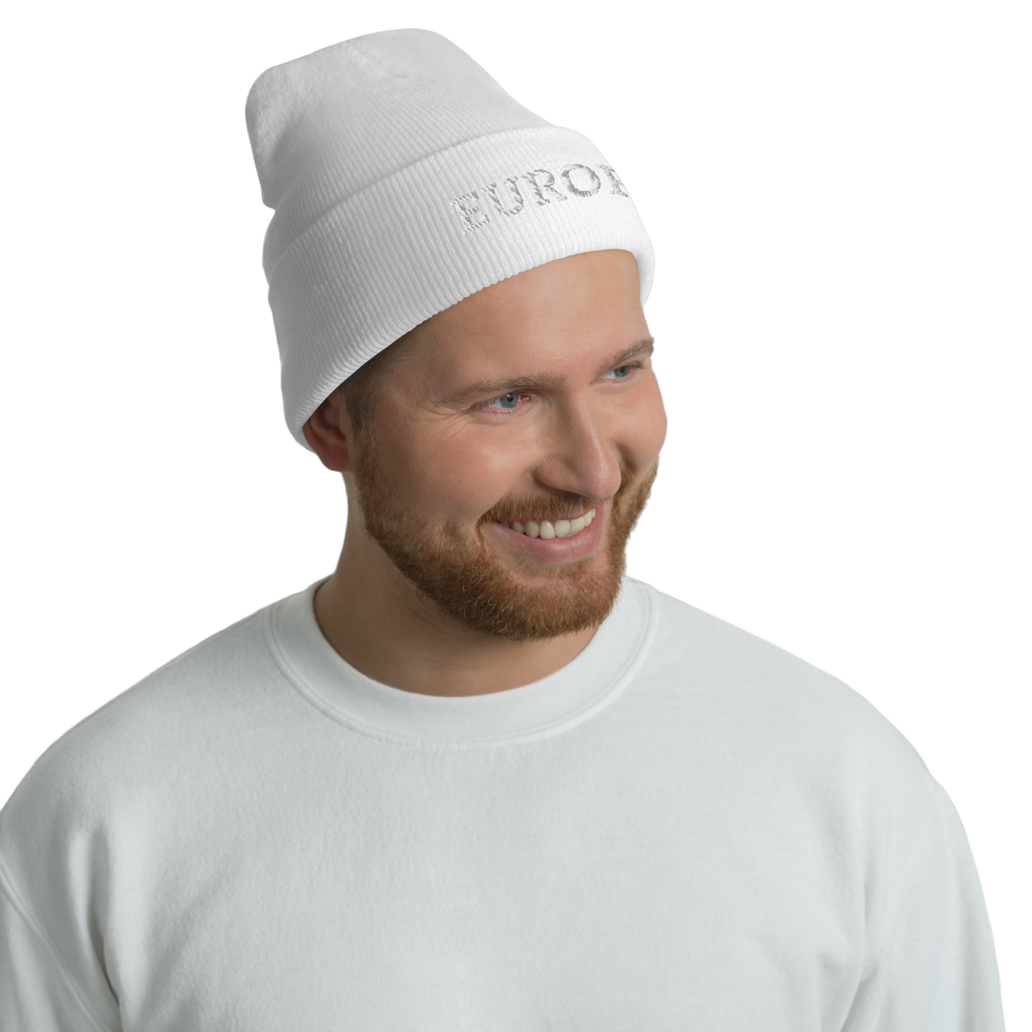 Male Model with Monochrome White "EUROPE" Cuffed Beanie