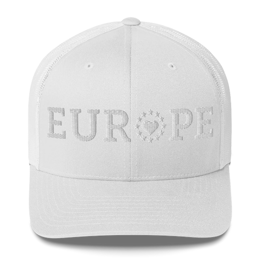 Monochrome White "EUROPE" Trucker Cap with "Show the Love for EU" emblem Front View