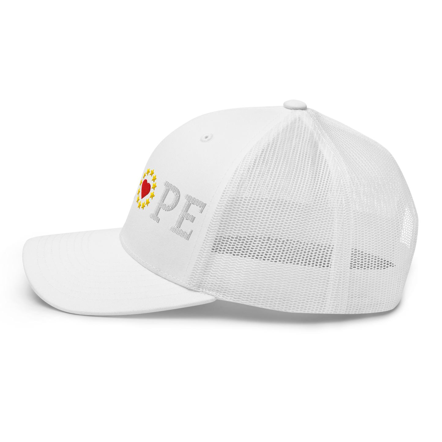 Monochrome White "EUROPE" Trucker Cap with "Show the Love for EU" emblem in full color Left View