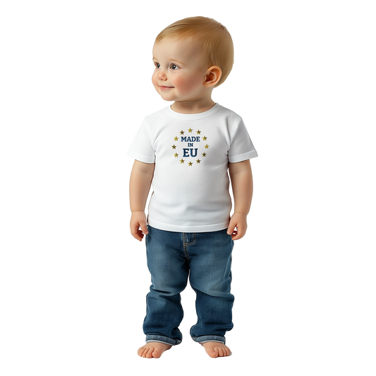White "Made in EU" Embroidered Baby T-shirt on an AI Baby Boy Front View