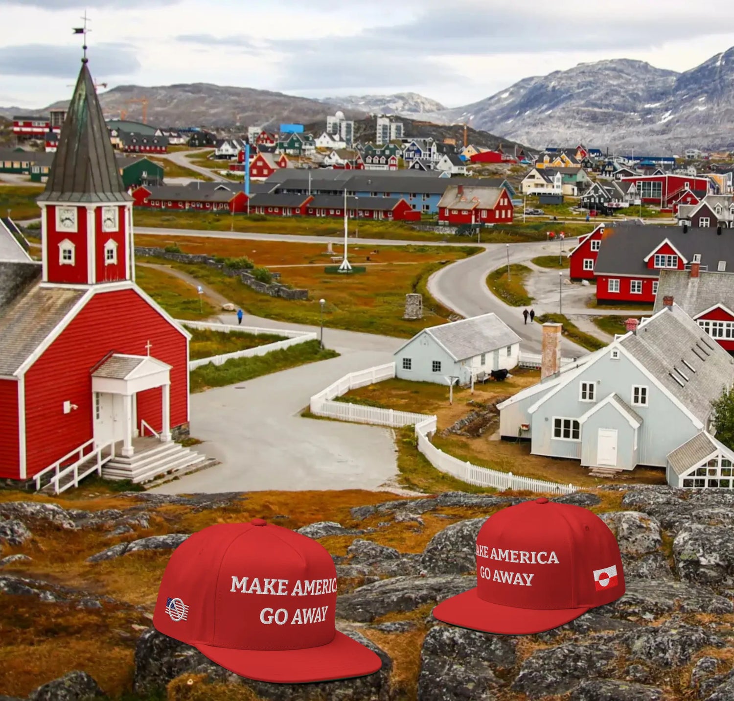 Red Make America Go Away / anti-MAGA Caps with Greenland flag in front of a cityscape of Nuuk, Greenland