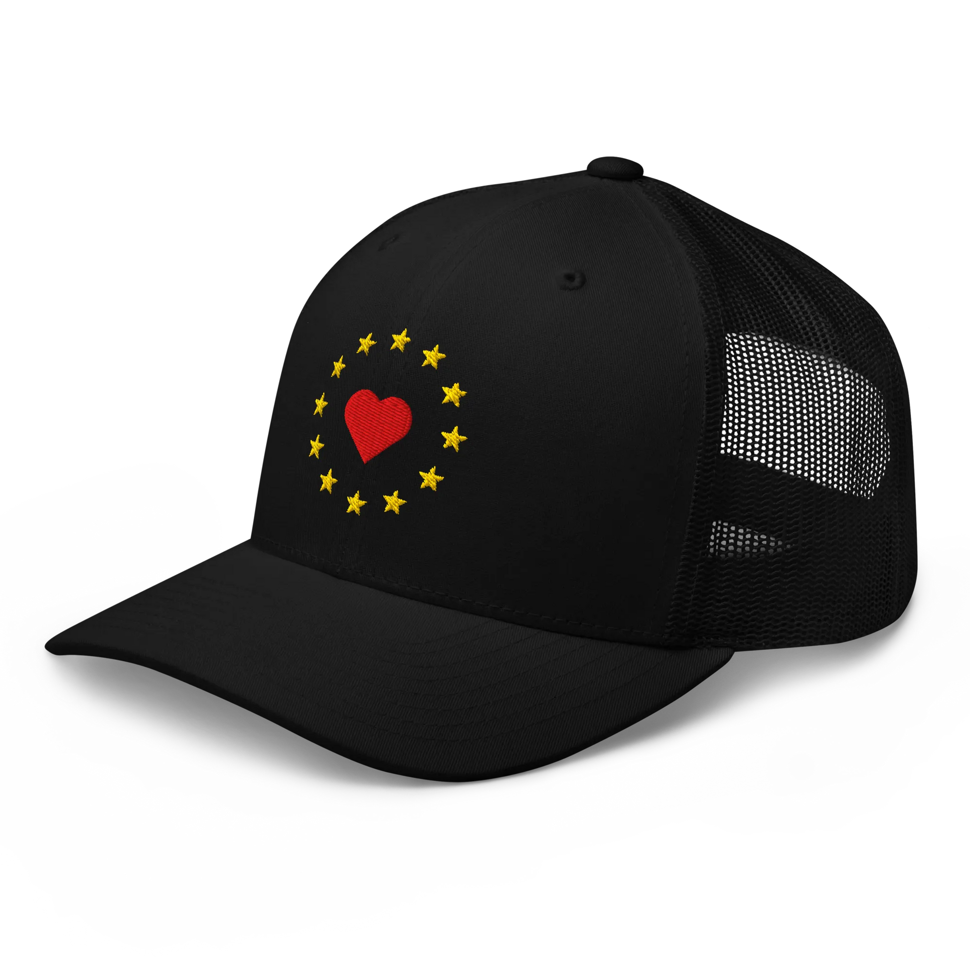 Black "Show the Love for EU" Trucker Cap Left Front View