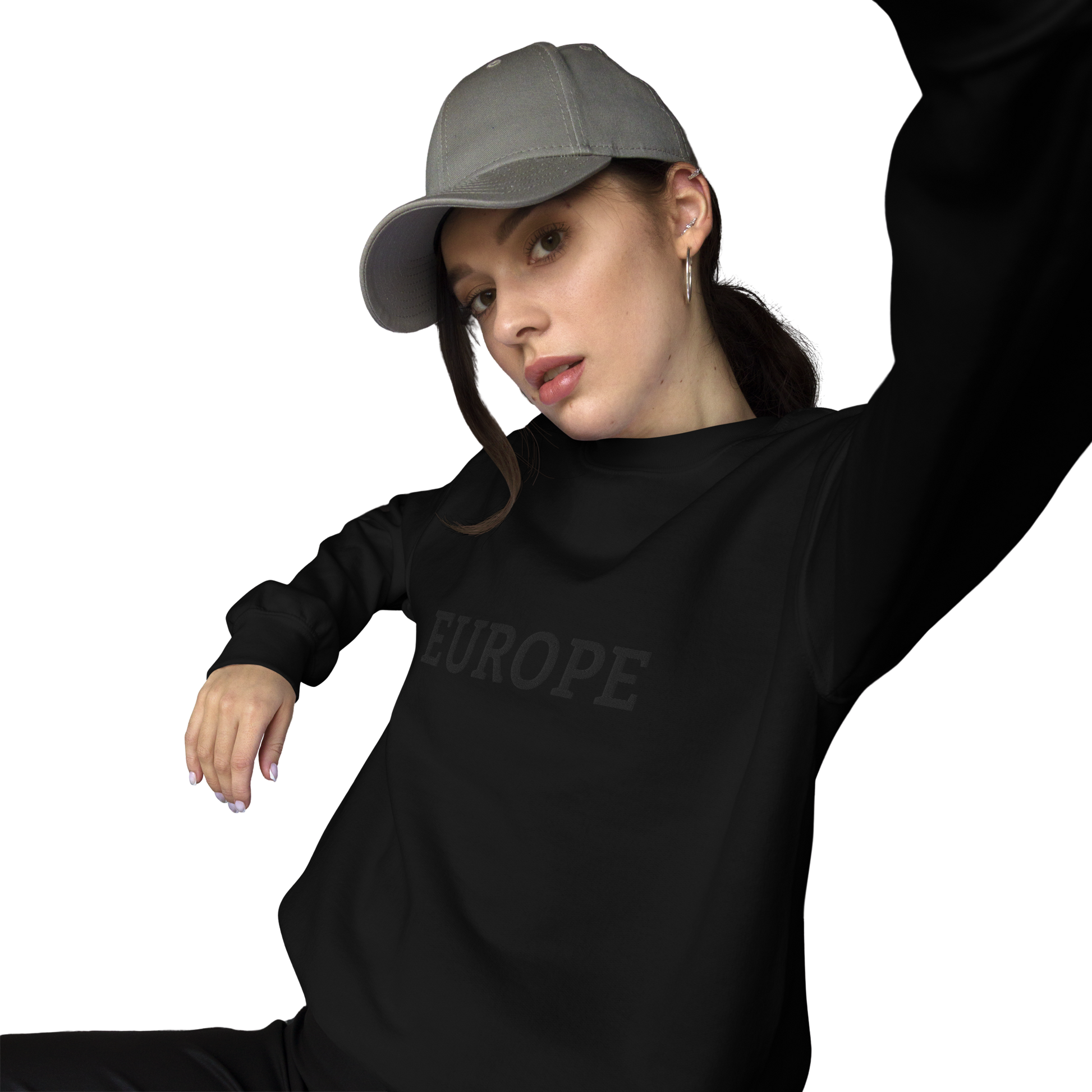 Female Model with Monochrome Black "EUROPE" Unisex Sweatshirt