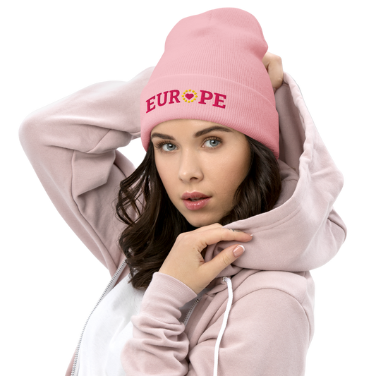 Female Model with Monochrome Pink "EUROPE" Cuffed Beanie with "Show the Love for EU" emblem in full color
