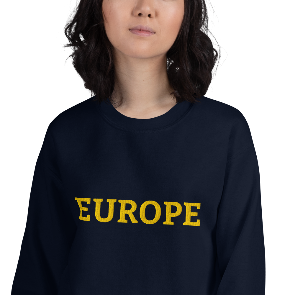 Female Model with Navy Blue "EUROPE" Unisex Sweatshirt