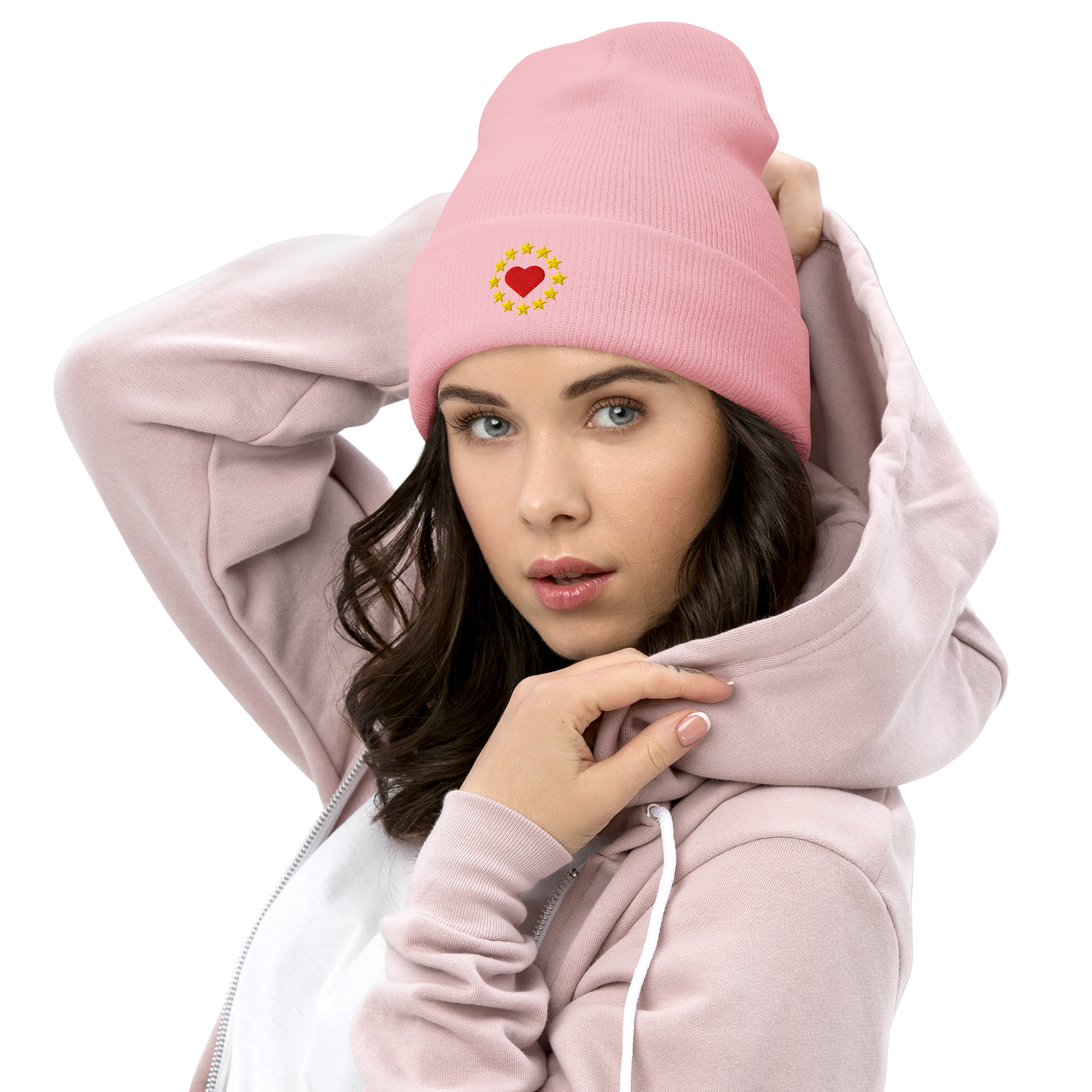Female Model with Pink "Show the Love for EU" Cuffed Beanie