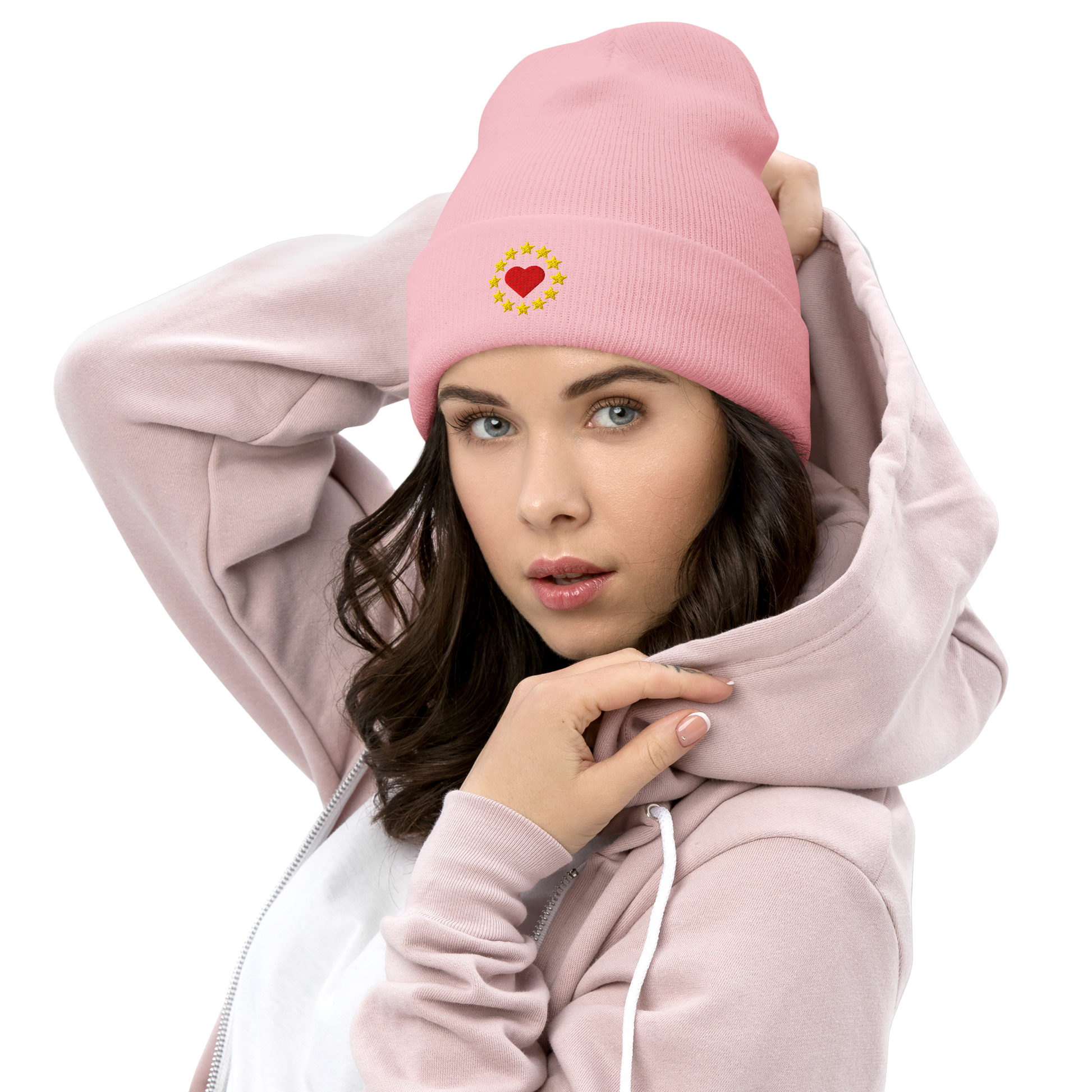 Female Model with Pink "Show the Love for EU" Cuffed Beanie