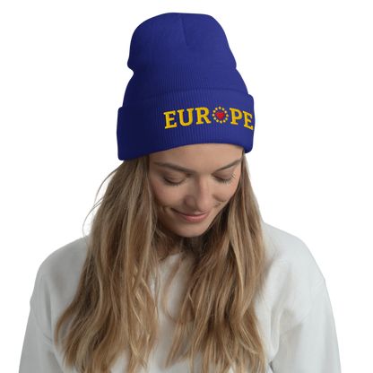 Female Model with Royal Blue "EUROPE" Cuffed Beanie with "Show the Love for EU" emblem