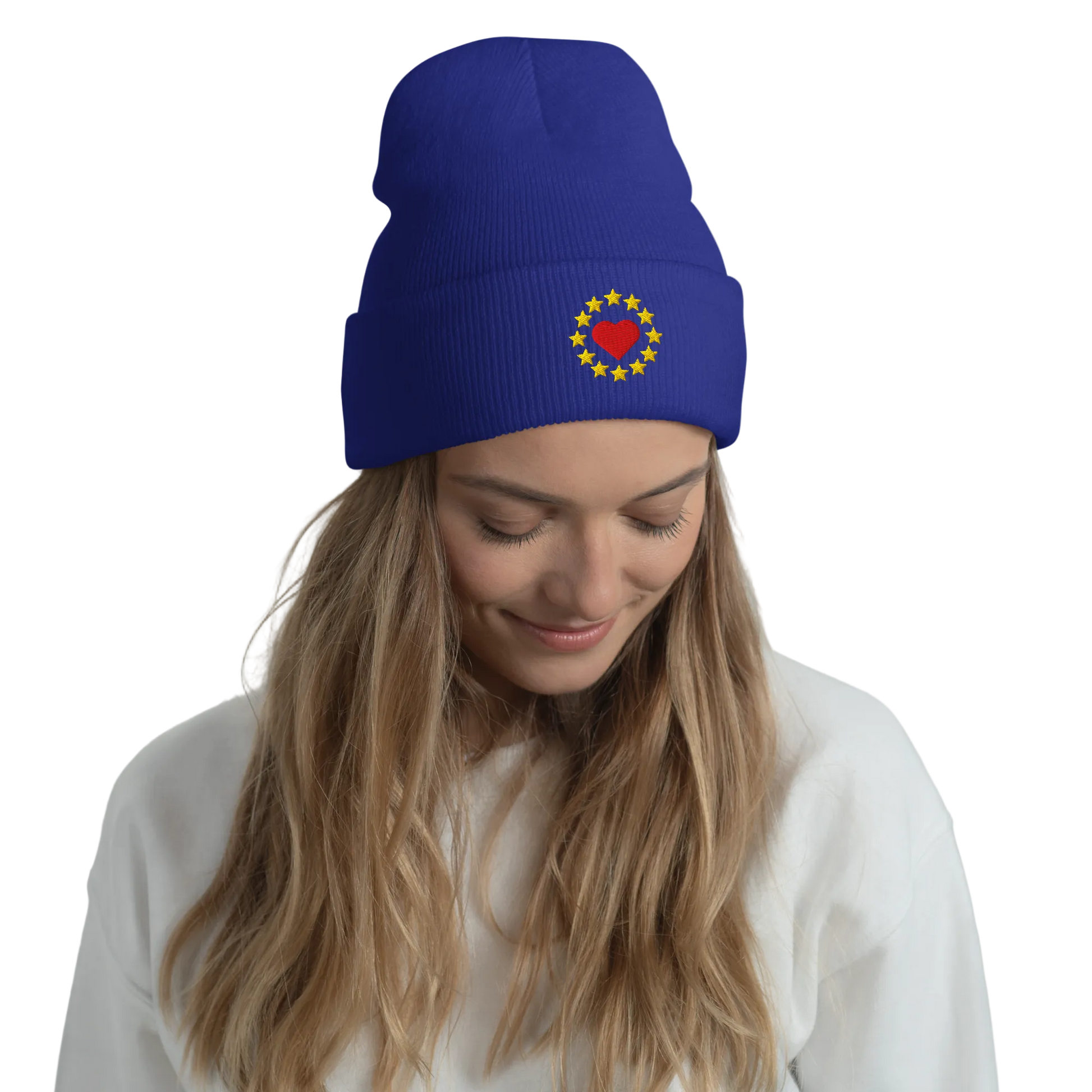 Female Model with Royal Blue "Show the Love for Europe" Cuffed Beanie