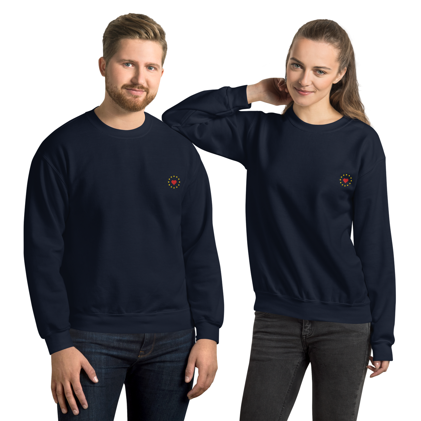 Male and Female Models with Navy Blue "Show the Love for EU" Unisex Sweatshirt
