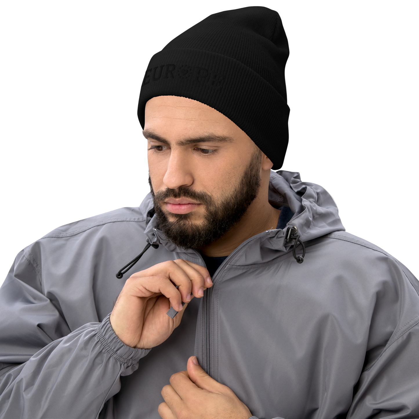 Male Model with Monochrome Black "EUROPE" Cuffed Beanie with "Show the Love for EU" emblem