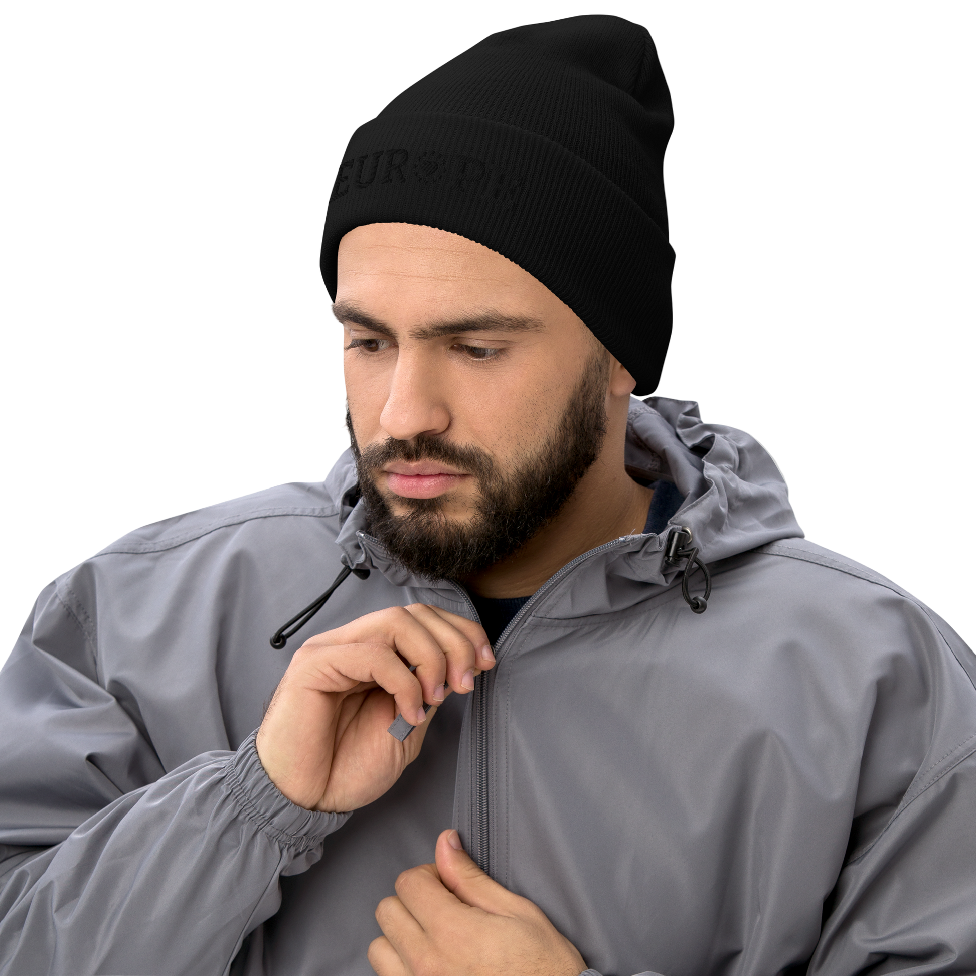 Male Model with Monochrome Black "EUROPE" Cuffed Beanie with "Show the Love for EU" emblem