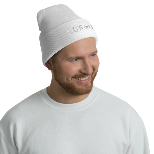 Male Model with Monochrome White "EUROPE" Cuffed Beanie with "Show the Love for EU" emblem