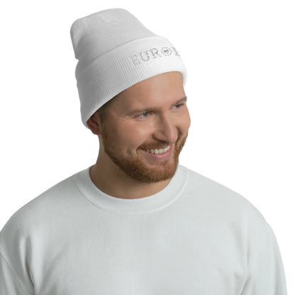 Male Model with Monochrome White "EUROPE" Cuffed Beanie with "Show the Love for Europe" emblem
