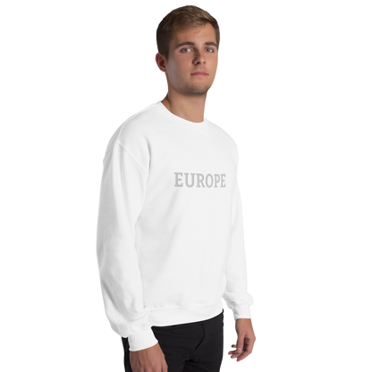 Male Model with Monochrome White "EUROPE" Unisex Sweatshirt