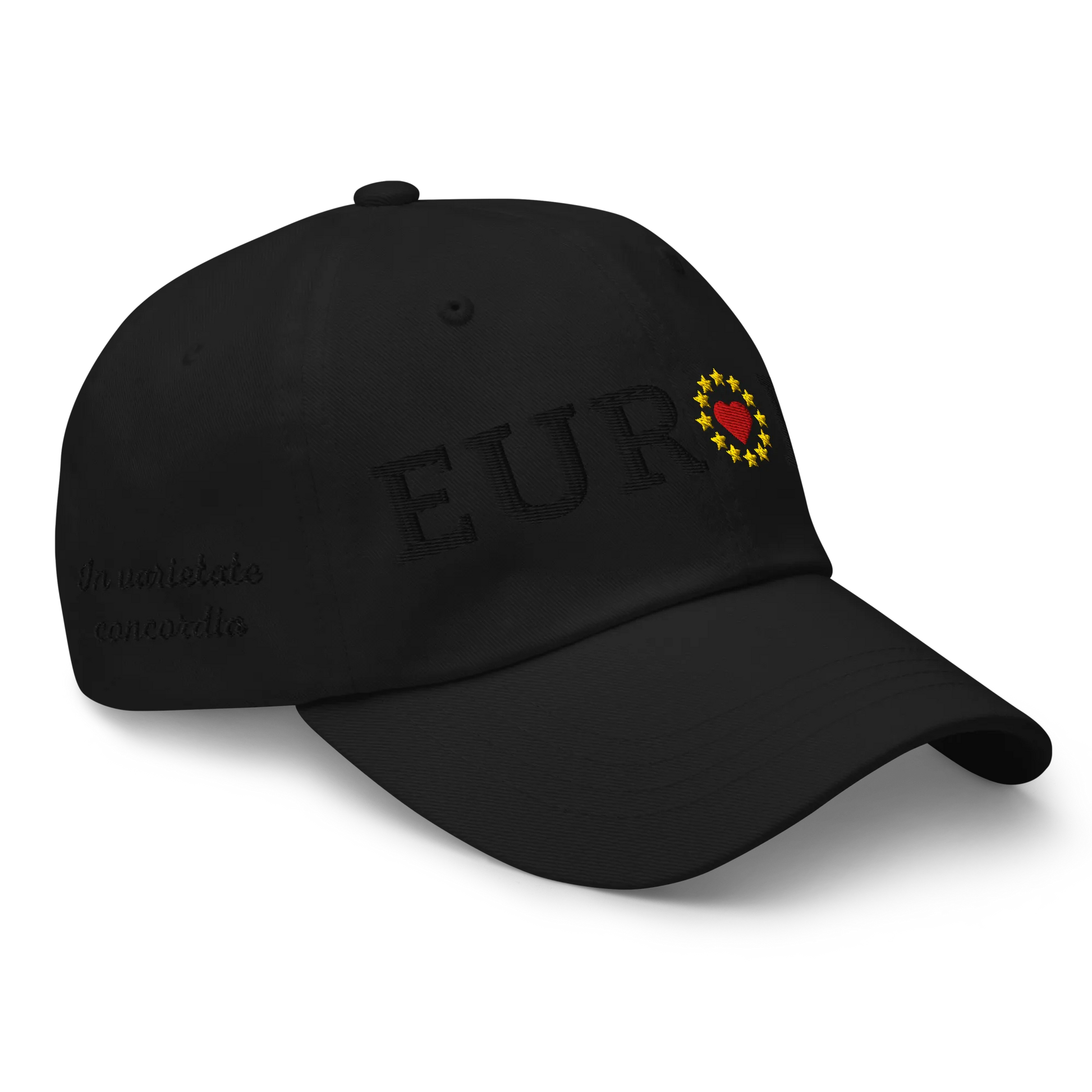 Monochrome Black "EUROPE" Cap with "Show the Love for EU" emblem in full color Right Front View