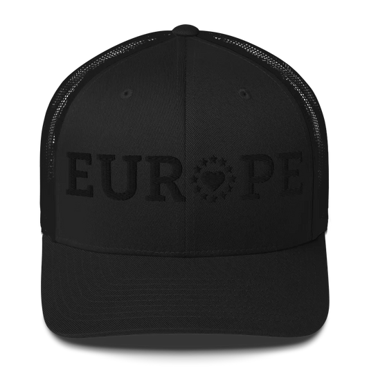 Monochrome Black "EUROPE" Trucker Cap with "Show the Love for EU" emblem Front View