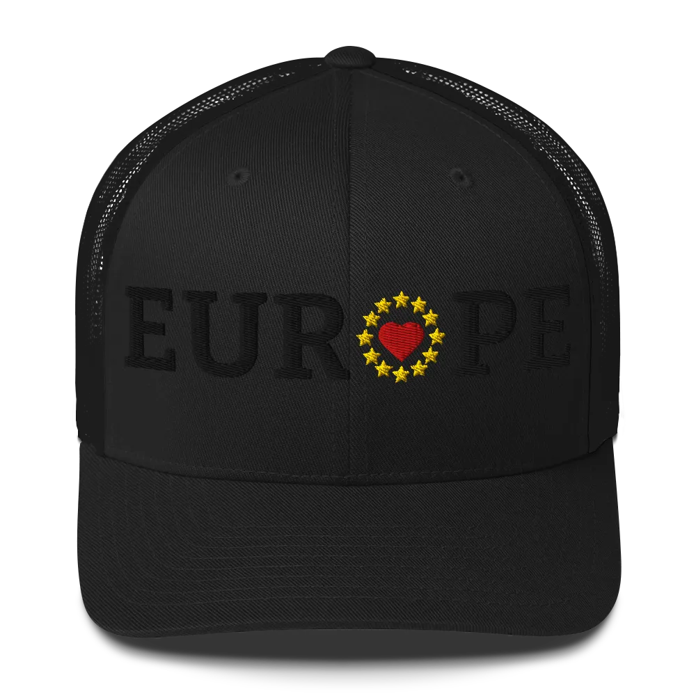 Monochrome Black "EUROPE" Trucker Cap with "Show the Love for EU" emblem in full color Front View