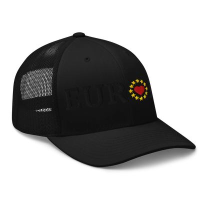 Monochrome Black "EUROPE" Trucker Cap with "Show the Love for EU" emblem in full color Right Front View