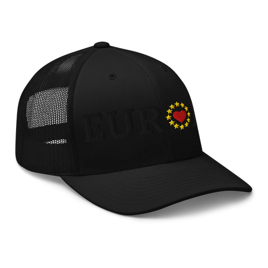 Monochrome Black "EUROPE" Trucker Cap with "Show the Love for EU" emblem in full color Right Front View