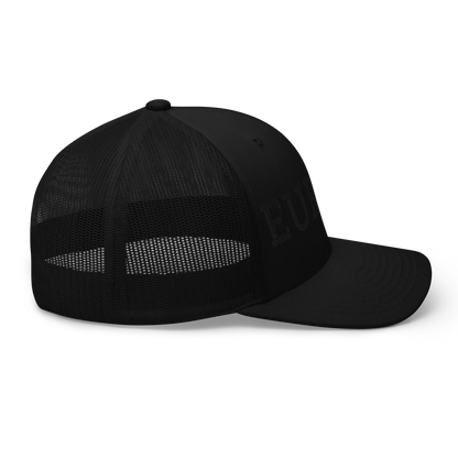 Monochrome Black "EUROPE" Trucker Cap with "Show the Love for EU" emblem in full color Right View