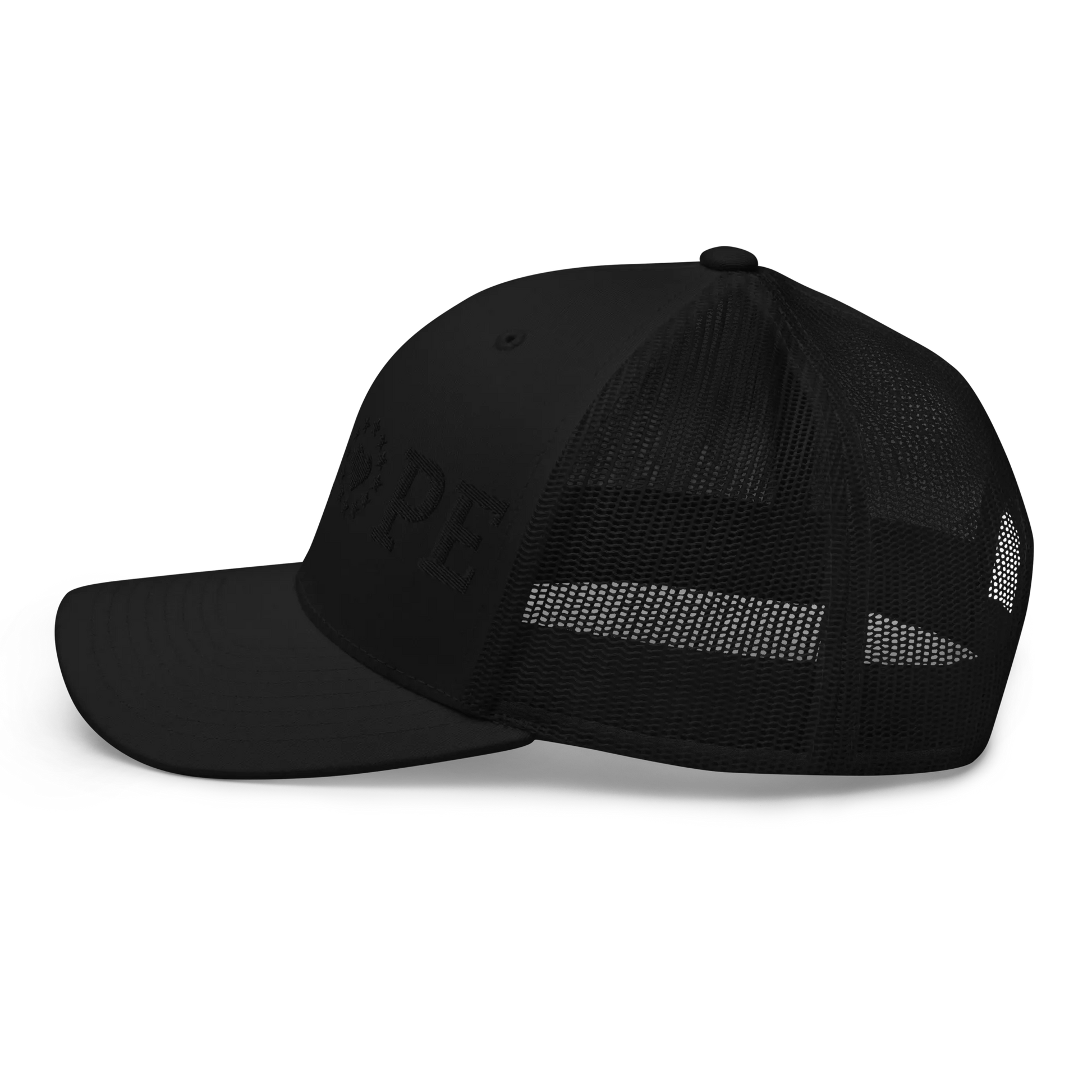 Monochrome Black "EUROPE" Trucker Cap with "Show the Love for Europe" emblem Left View