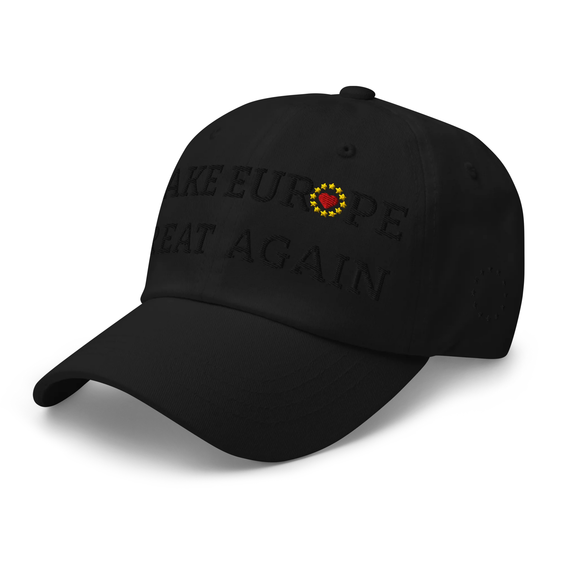 Monochrome Black "Make Europe Great Again" / MEGA Cap with "Show the Love for EU" emblem in full color Left Front View