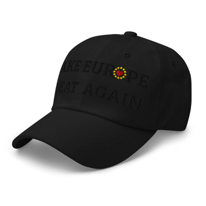 Monochrome Black "Make Europe Great Again" / MEGA Cap with "Show the Love for EU" emblem in full color Left Front View