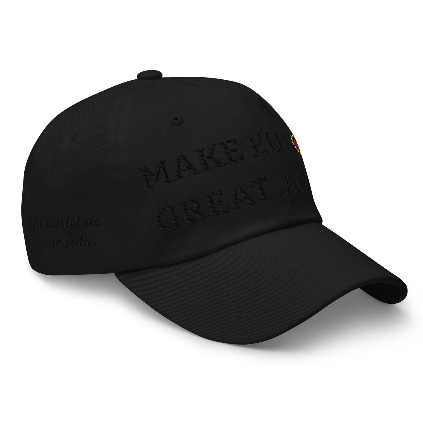 Monochrome Black "Make Europe Great Again" / MEGA Cap with "Show the Love for EU" emblem in full color Right Front View