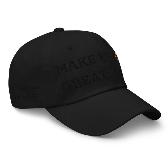 Monochrome Black "Make Europe Great Again" / MEGA Cap with "Show the Love for EU" emblem in full color Right Front View