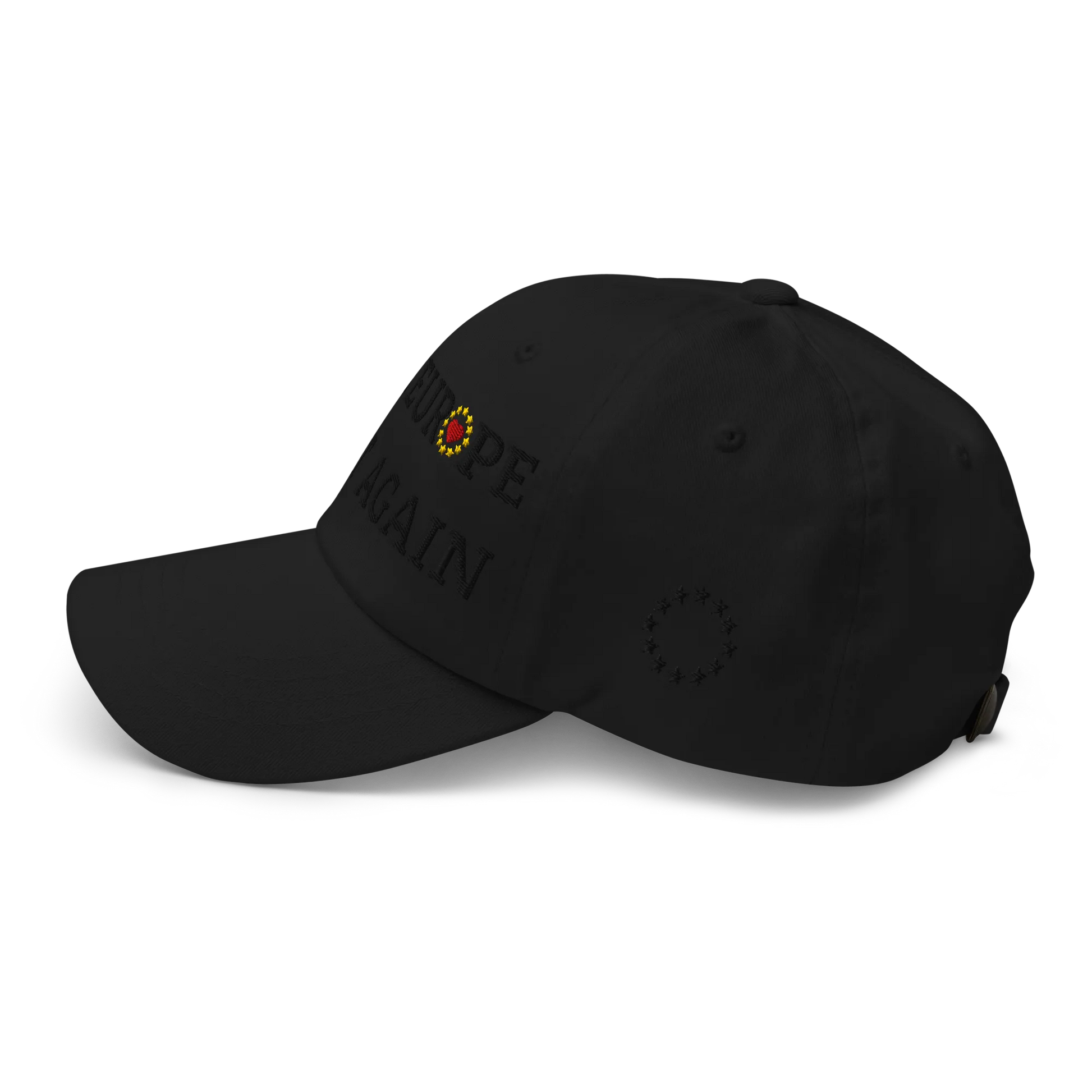 Monochrome Black "Make Europe Great Again" / MEGA Cap with "Show the Love for Europe" emblem in full color Left View