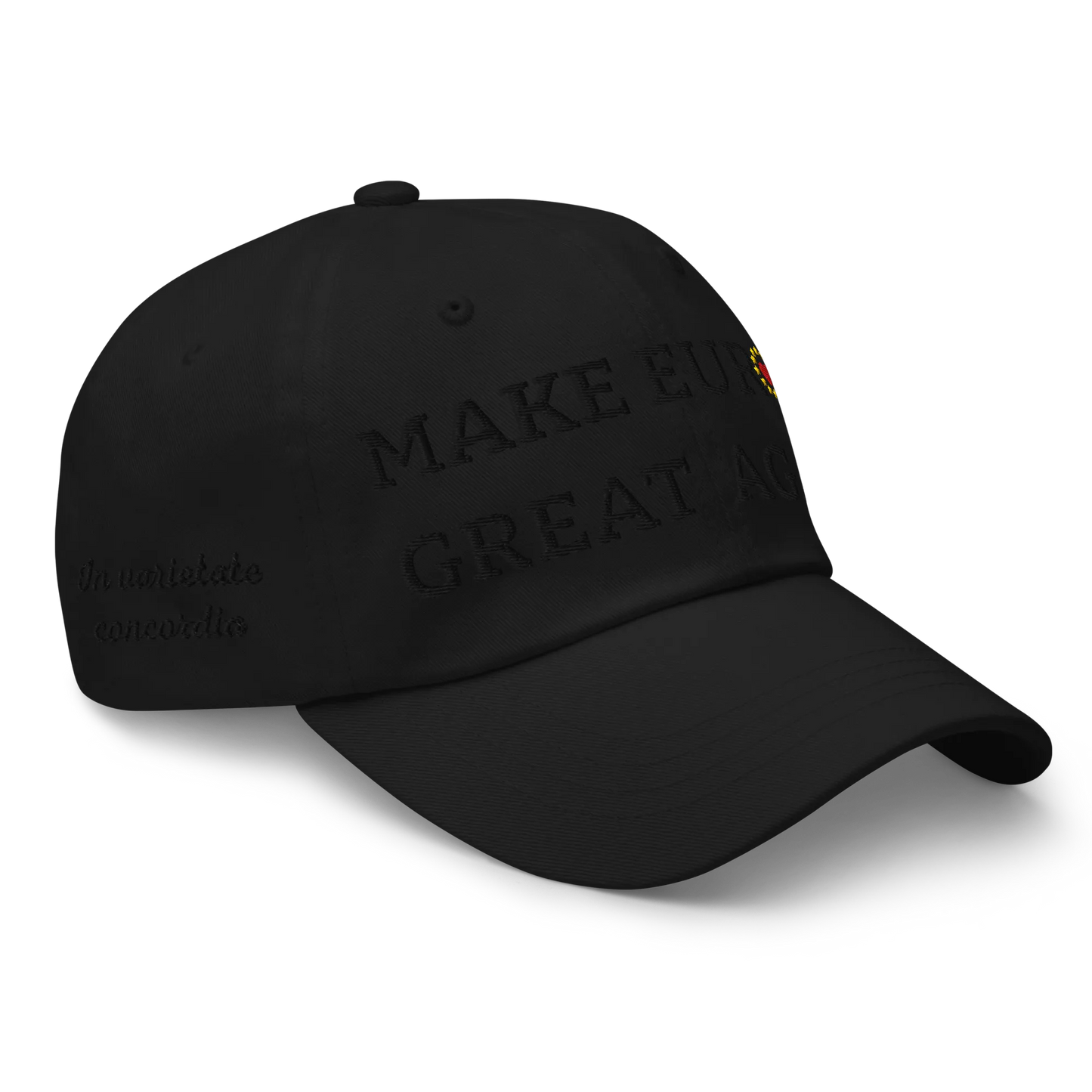 Monochrome Black "Make Europe Great Again" / MEGA Cap with "Show the Love for Europe" emblem in full color Right Front View