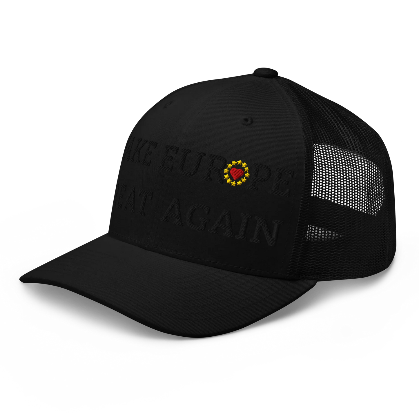 Monochrome Black "Make Europe Great Again" / MEGA Trucker Cap with "Show the Love for EU" emblem in full color Left Front View