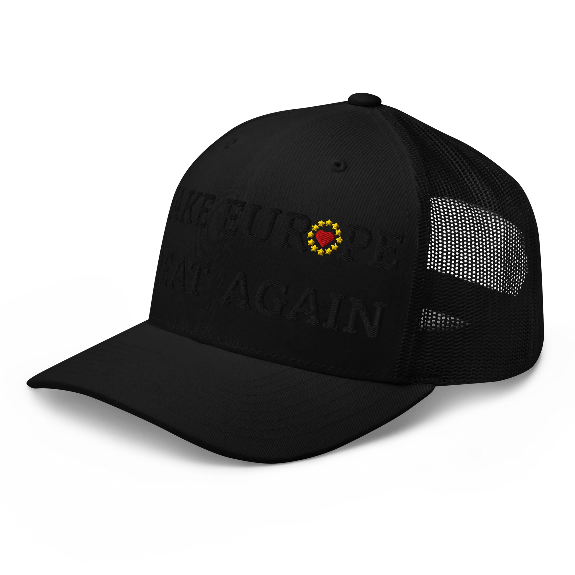 Monochrome Black "Make Europe Great Again" / MEGA Trucker Cap with "Show the Love for EU" emblem in full color Left Front View