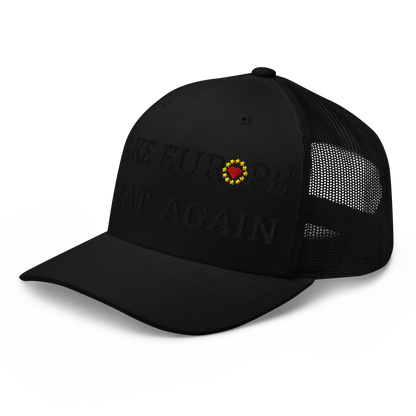 Monochrome Black "Make Europe Great Again" / MEGA Trucker Cap with "Show the Love for EU" emblem in full color Left Front View