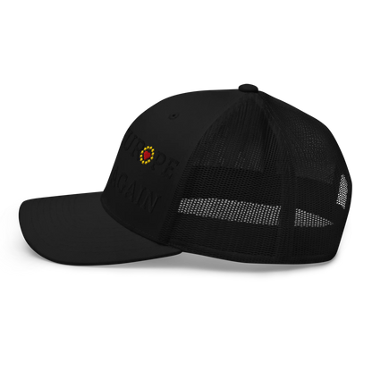 Monochrome Black "Make Europe Great Again" / MEGA Trucker Cap with "Show the Love for EU" emblem in full color Left View