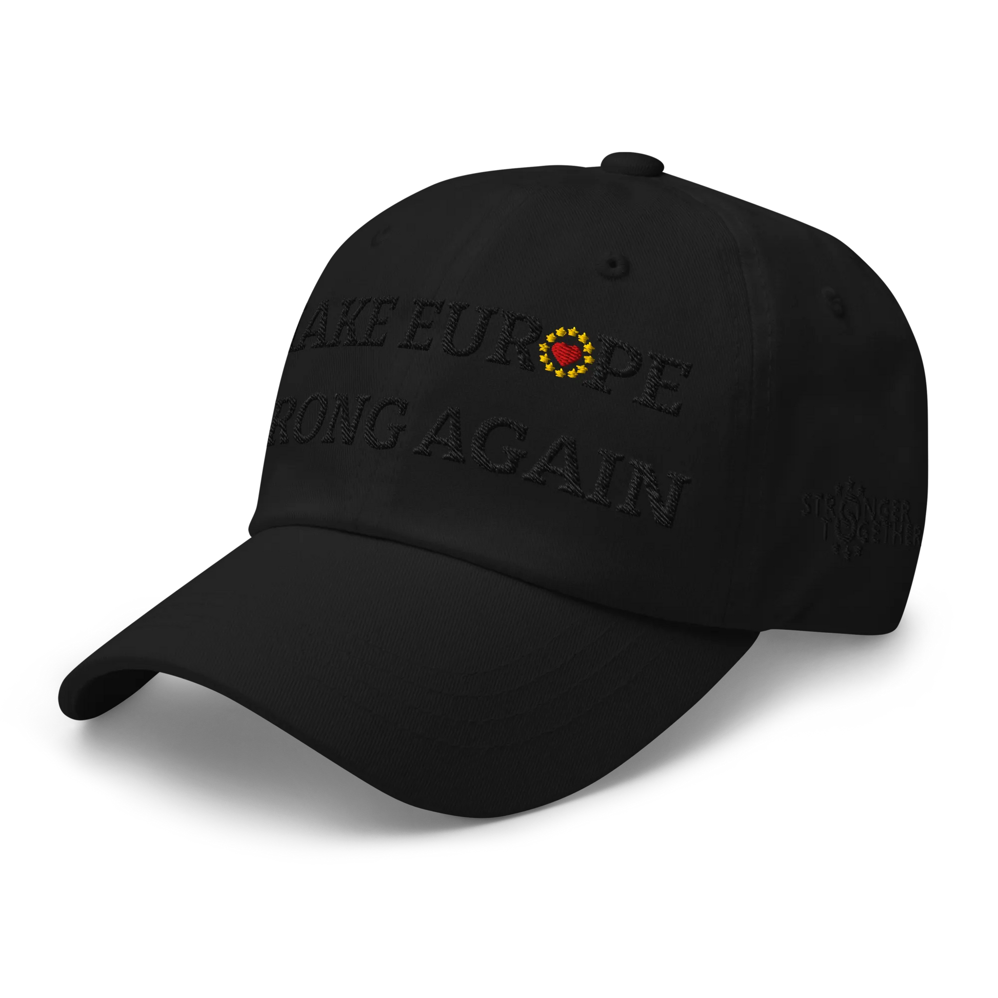 Monochrome Black "Make Europe Strong Again" / MESA Cap with "Show the Love for Europe" emblem in full color Left Front View
