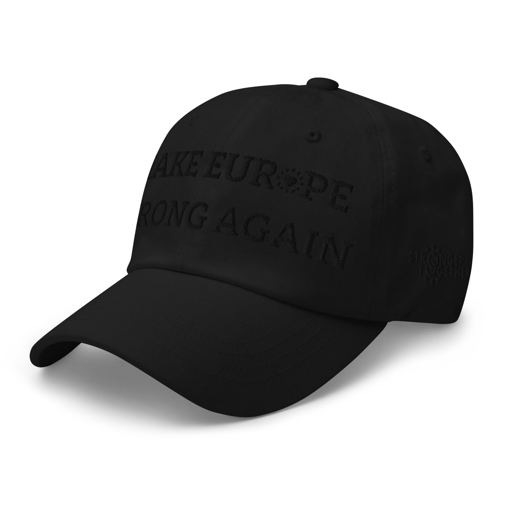 Monochrome Black "Make Europe Strong Again" / MESA Cap with "Show the Love for Europe" emblem Left Front View