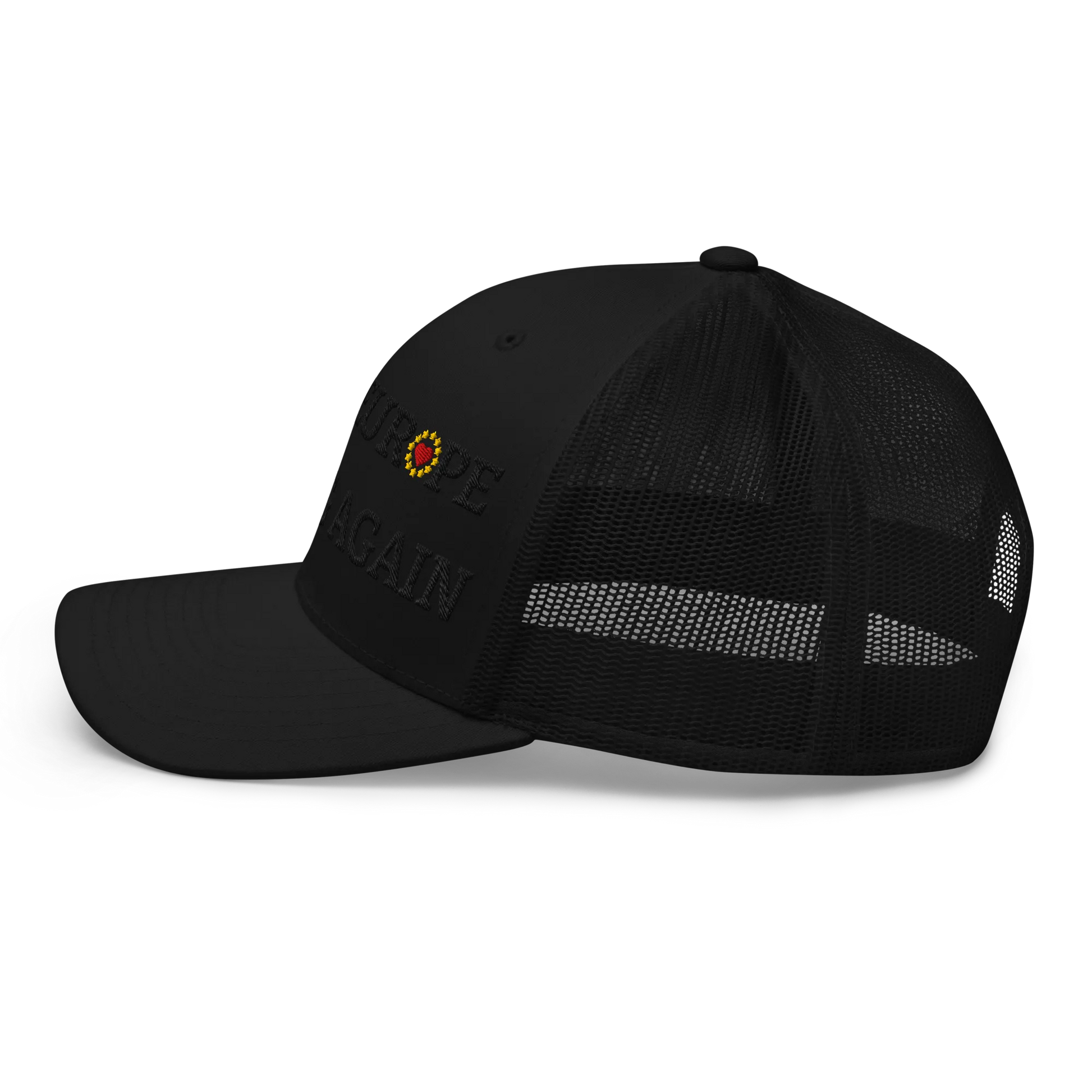 Monochrome Black "Make Europe Strong Again" / MESA Trucker Cap with "Show the Love for Europe" emblem in full color Left View