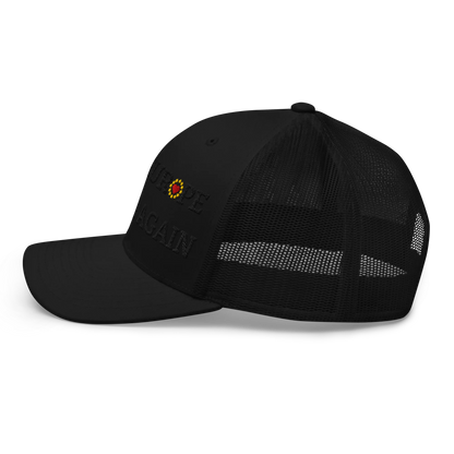 Monochrome Black "Make Europe Strong Again" / MESA Trucker Cap with "Show the Love for Europe" emblem in full color Left View