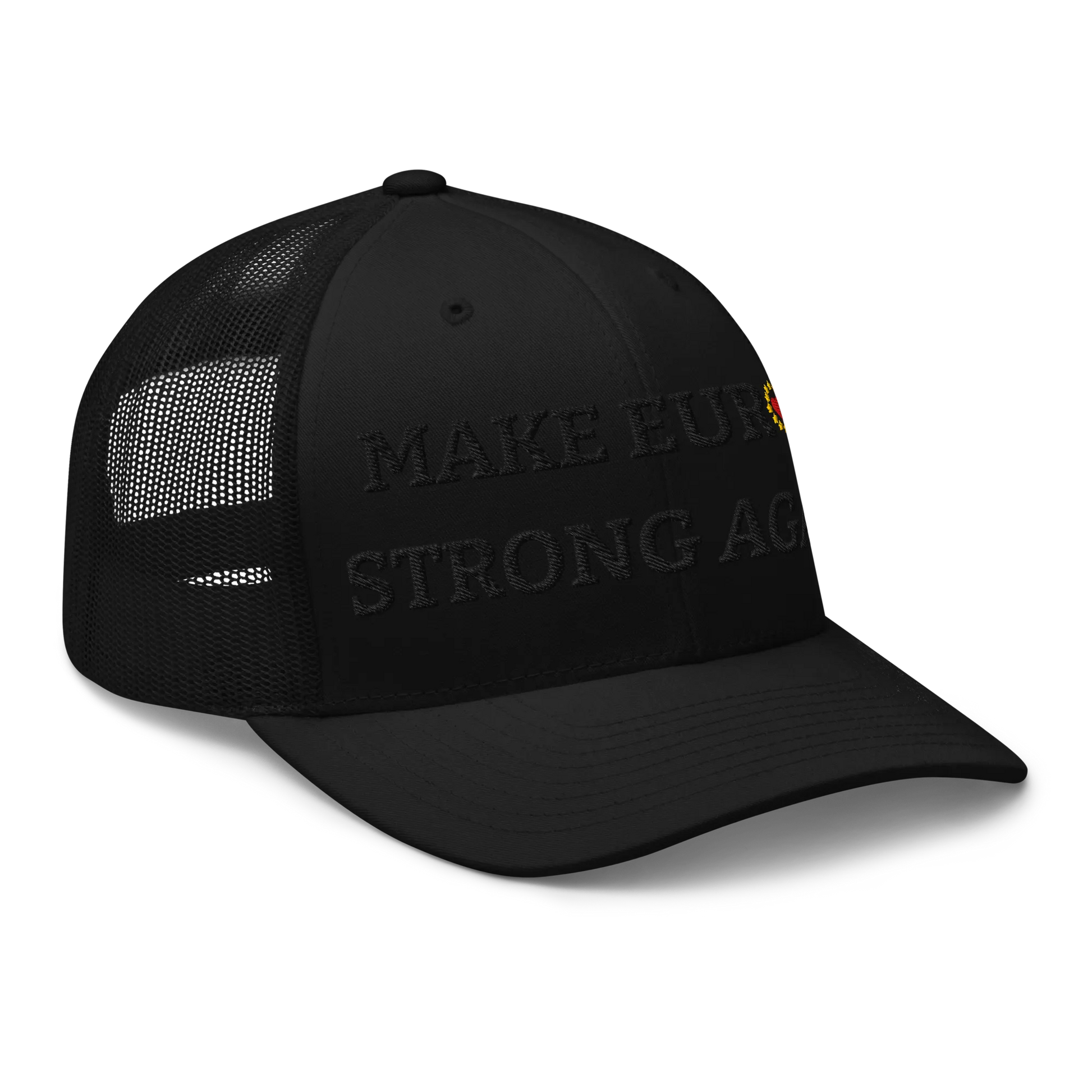 Monochrome Black "Make Europe Strong Again" / MESA Trucker Cap with "Show the Love for Europe" emblem in full color Right Front View
