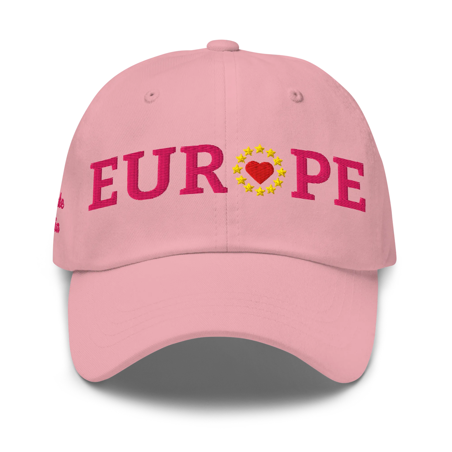 Monochrome Pink "EUROPE" Cap with "Show the Love for EU" emblem in full color Front View