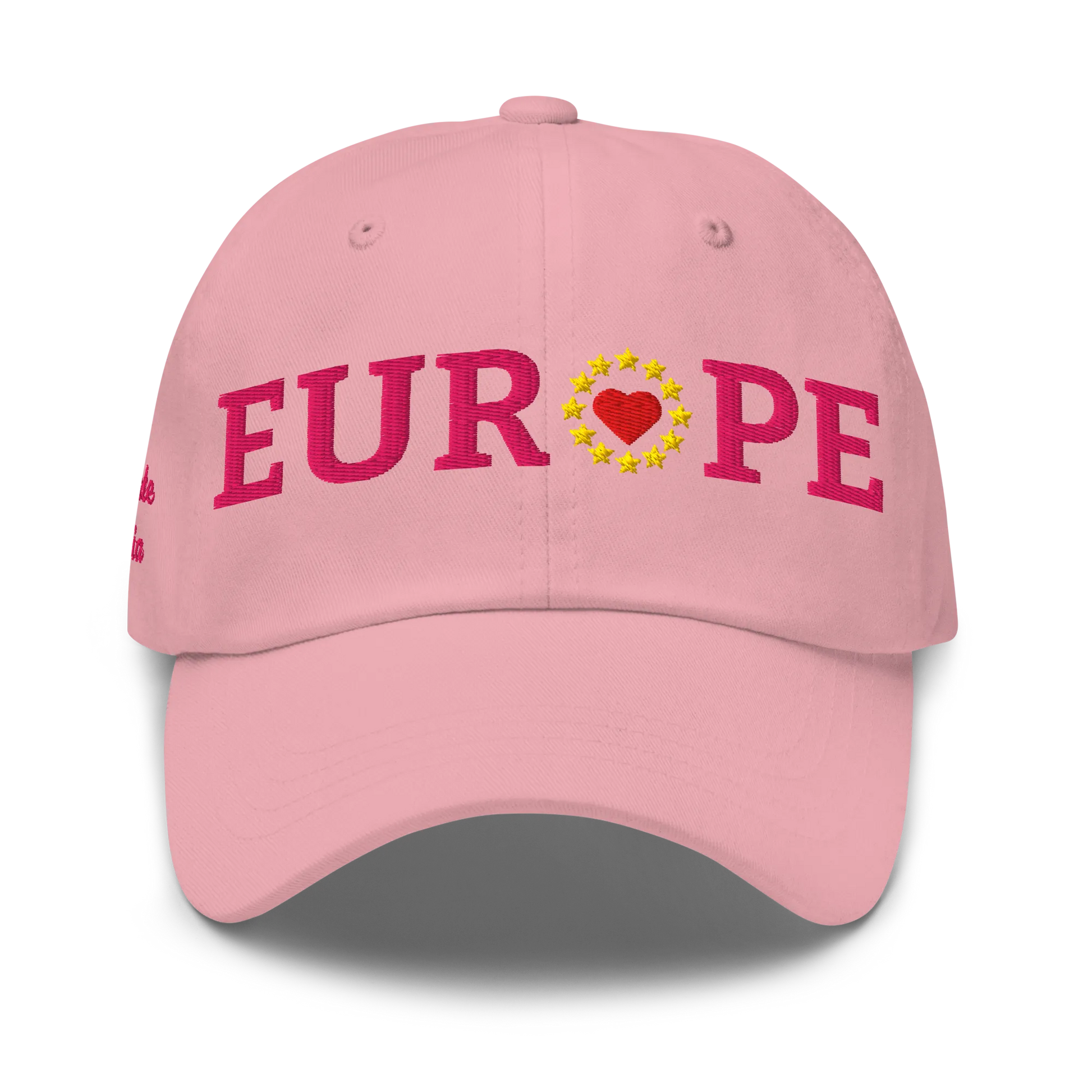 Monochrome Pink "EUROPE" Cap with "Show the Love for EU" emblem in full color Front View