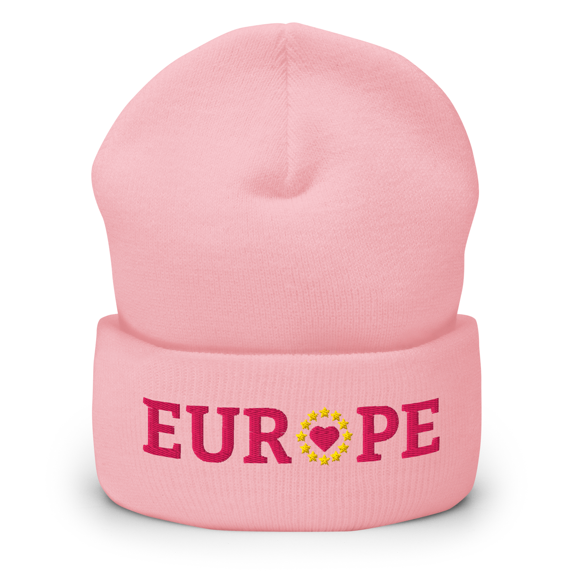 Monochrome Pink "EUROPE" Cuffed Beanie with "Show the Love for EU" emblem in full color Front View