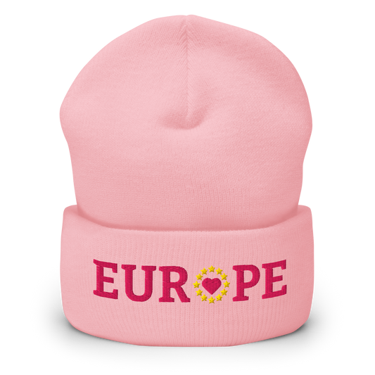 Monochrome Pink "EUROPE" Cuffed Beanie with "Show the Love for EU" emblem in full color Front View