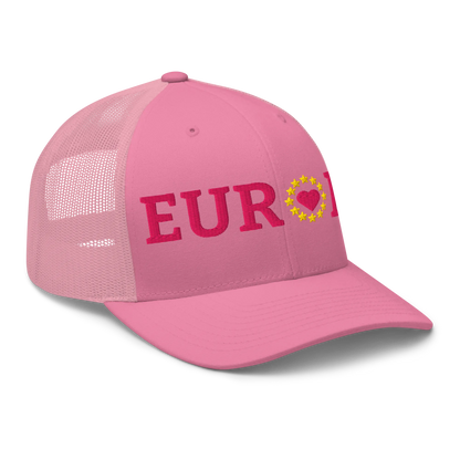 Monochrome Pink EUROPE Trucker Cap with "Show the Love for Europe" emblem in full color Right Front View