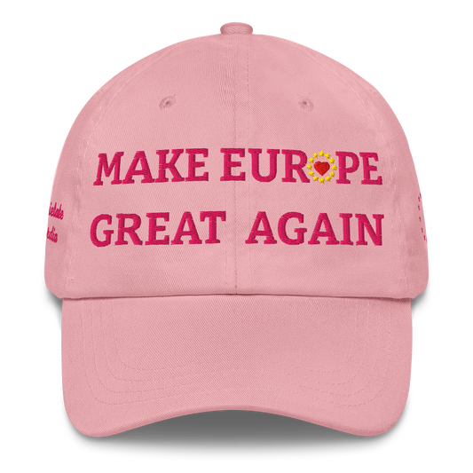 Monochrome Pink "Make Europe Great Again" / MEGA Cap with "Show the Love for EU" emblem in full color Front View