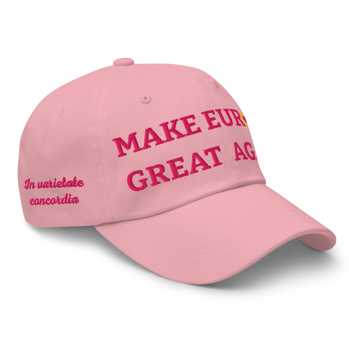 Monochrome Pink "Make Europe Great Again" / MEGA Cap with "Show the Love for EU" emblem in full color Right Front View